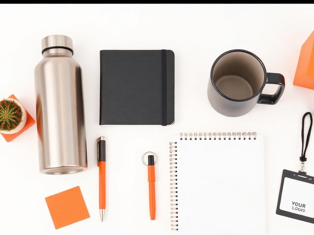 Corporate merchandise including a bottle, notebook, mug, pen, lanyard and ID card