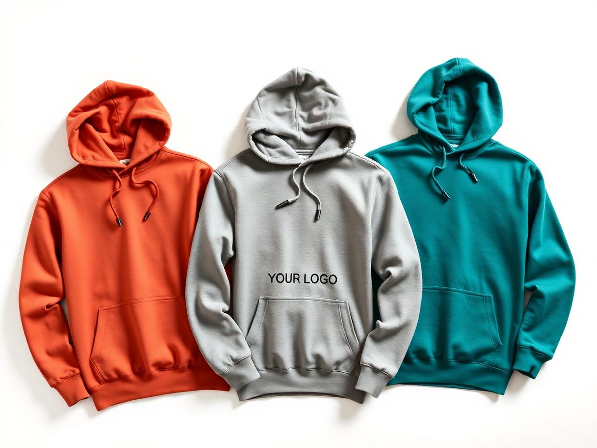 Orange, grey and teal custom hoodies arranged on a bright studio background