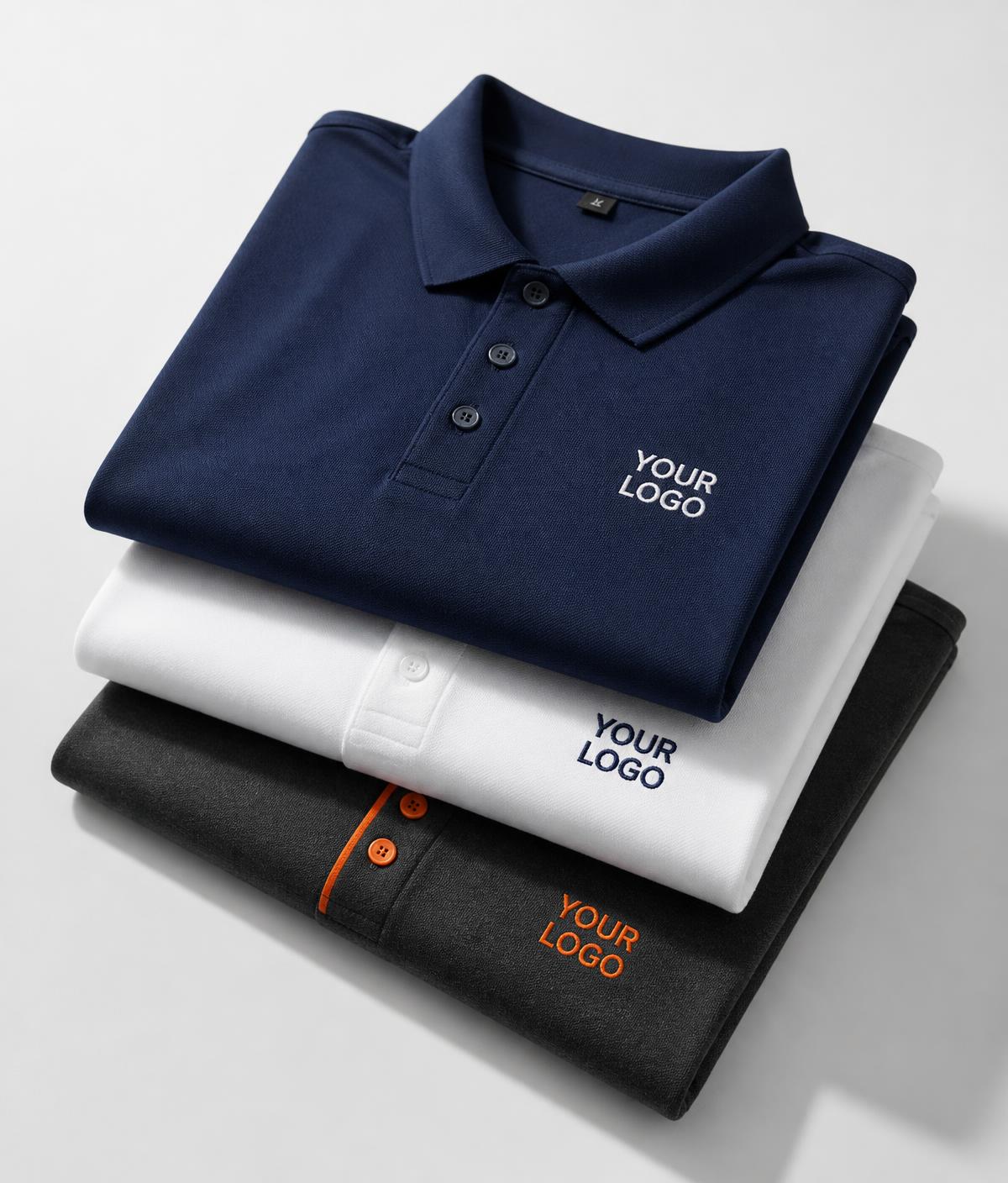 Folded custom polo T-shirts in navy, white and charcoal for corporate bulk orders